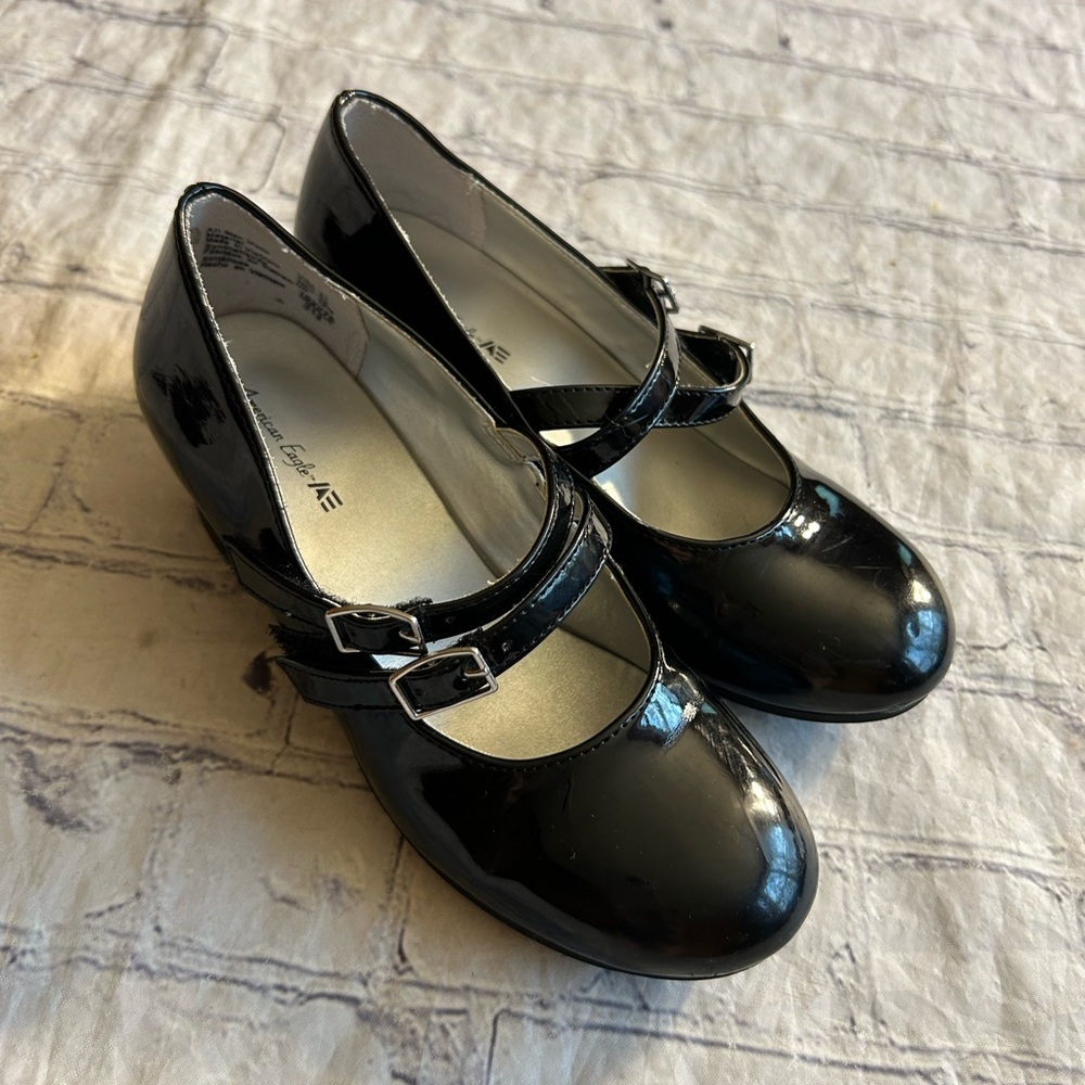 AMERICAN EAGLE GIRLS BLACK PATENT MARYJANE GLITTER HEELED SHOES SIZE 13